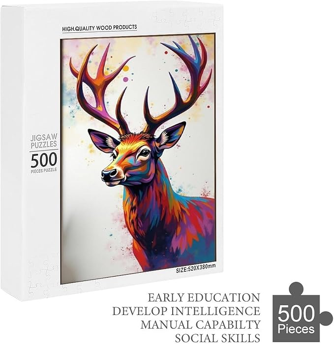 Wooden Puzzles 500 Piece，Color Abstract Deer Painting Themed Jigsaw Puzzles，Challenge Puzzles，Educational Games，Family Puzzles，Unique Gifts for Wall Art，Funny Puzzles，Stress Relief Games