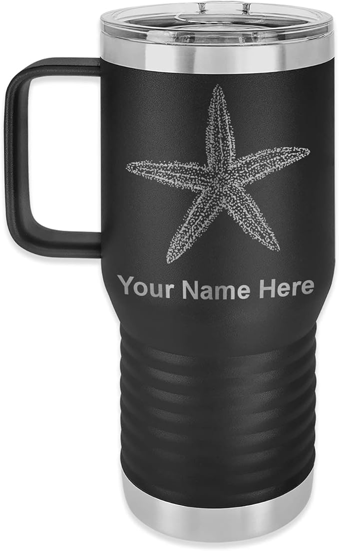 LaserGram 20oz Vacuum Insulated Travel Mug with Handle, Starfish, Personalized Engraving Included (Black)