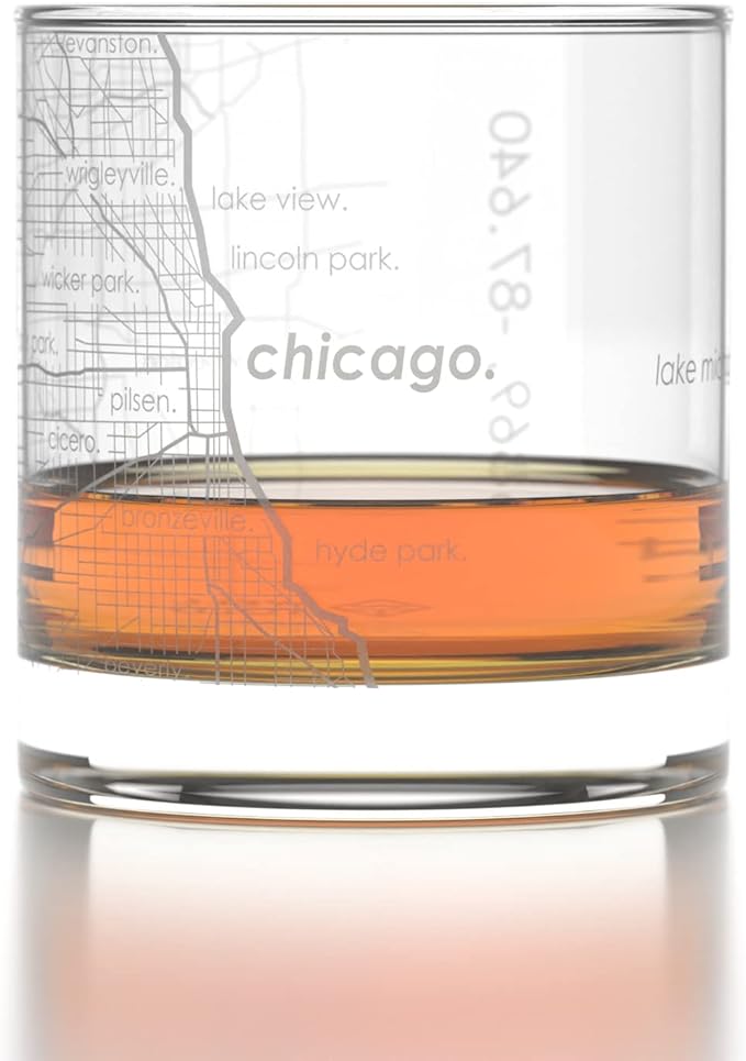 Well Told Engraved Chicago Illinois Map Rocks Glass, Old Fashioned Glassware (11 oz, Clear) Etched Bourbon Tumbler, Gifts For Whiskey Lovers