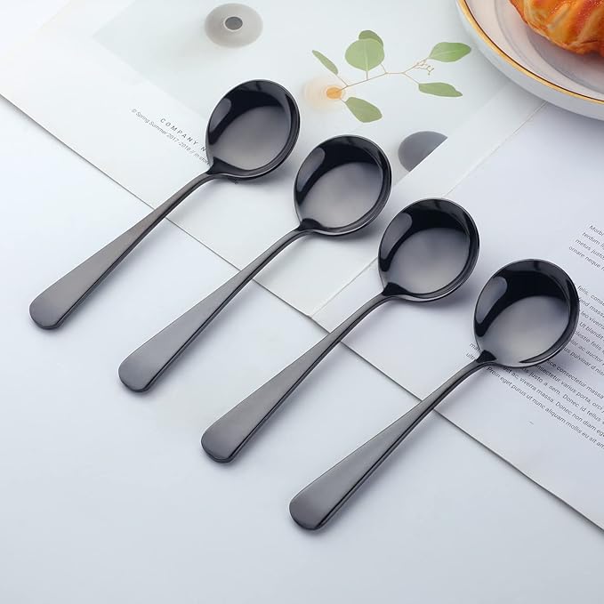 Buyer Star 8 Pieces Stainless Steel Round Soup Spoon, 6.3 Inch Mirror Polished Spoon Cutlery, Dishwasher Safe (Black)