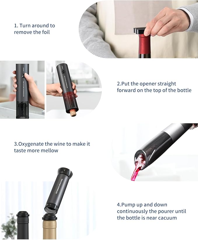 CIRCLE JOY Rechargeable Electric Wine Opener Set 7-in-1 Aluminum Alloy Wine Gift Set with Electric Corkscrew, Foil Cutter, Wine Pourer, Storage Base, Vacuum Pump and 2 Wine Stoppers