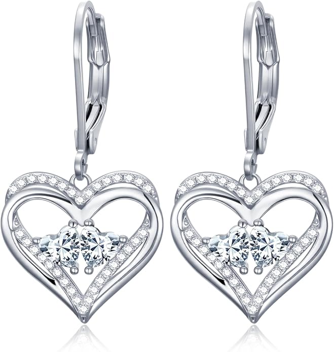Heart Leverback Earrings Double Birthstone Dangle Earrings for Women, Love Jewelry for Her, Christmas Gifts for Women, Anniversary Birthday Gift for Mom Wife Girlfriend
