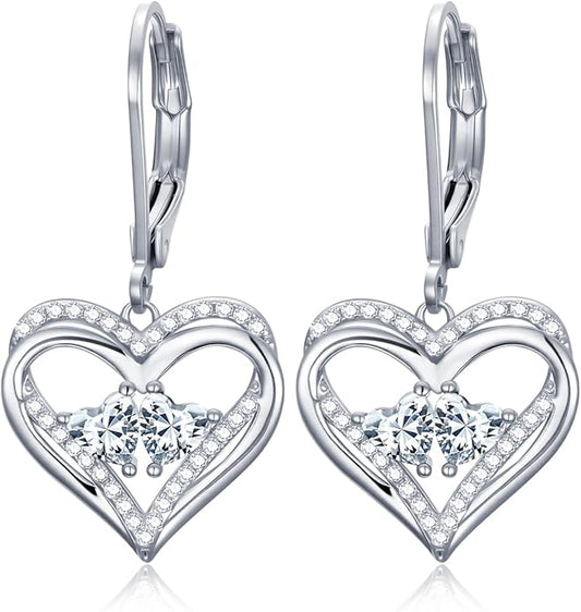 Heart Leverback Earrings Double Birthstone Dangle Earrings for Women, Love Jewelry for Her, Christmas Gifts for Women, Anniversary Birthday Gift for Mom Wife Girlfriend