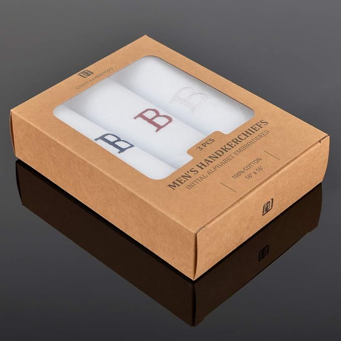 Initial Handkerchief for Men, Monogrammed Boxed 3 Piece Set,100% Cotton
