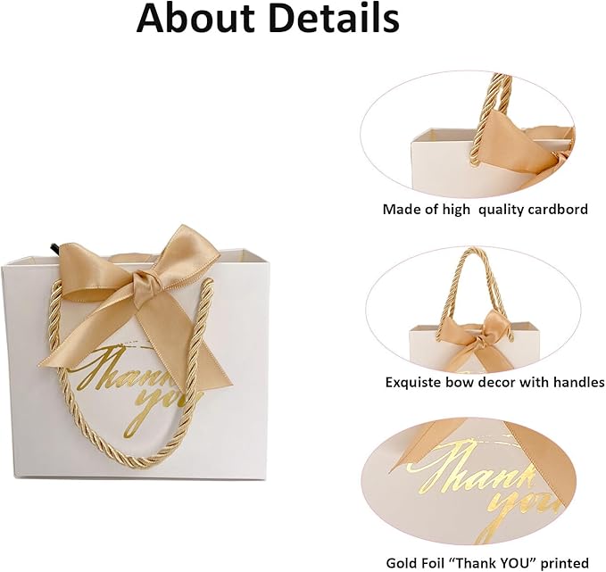 TKSBAG 50 Pack Small Thank You Gift Bags with Handles, 5.5''x 2.5''x4.7'' Mini White Gift Bags Bulk for Baby Shower, Birthday, Wedding, Party Favors