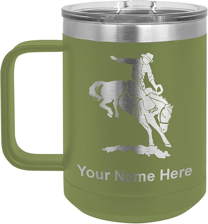 LaserGram 15oz Vacuum Insulated Coffee Mug, Bronco Rider, Personalized Engraving Included (Camo Green)