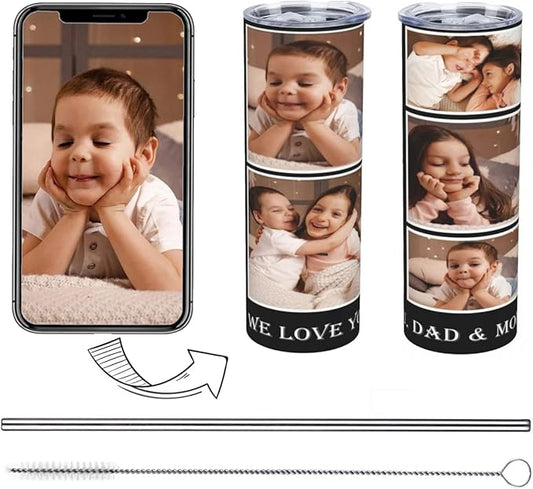 Personalized Custom tumbler Coffee Mug with Lid and Straw Hot and Cold Stainless Steel Vacuum Insulated Travel Mug with Photo Personalized tumbler Gift (20 oz, Cylinder, 5 photos)
