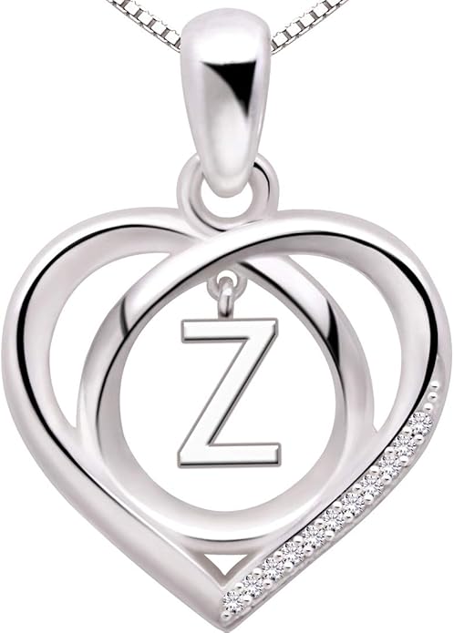 ALOV Jewelry Sterling Silver Initial Letter Alphabet Love Heart Cubic Zirconia Pendant Necklace