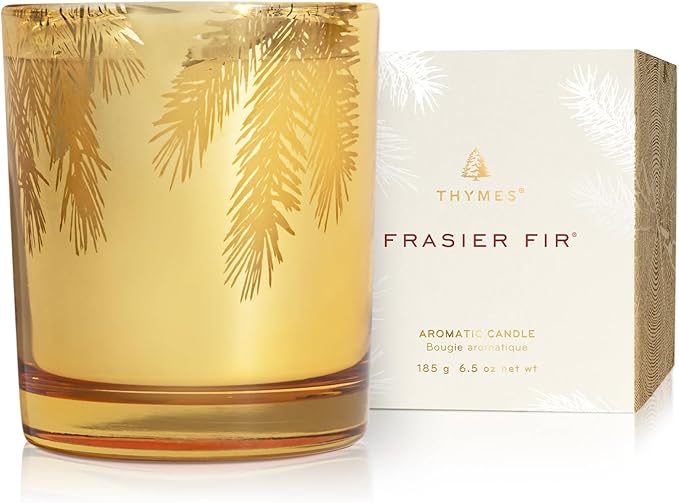 Thymes Frasier Fir Candle – Pine Needle Design – Holiday Scented Candle – Notes of Crisp Siberian Fir, Cedarwood & Sandalwood – Luxury Home Fragrance Gifts for Women & Men – Gold (Gilded, 6.5 oz)