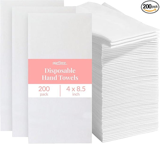 Prestee 200 Disposable Paper Hand Towels That Feel Like Linen Napkins, 2-Ply - Guest Towels, Wedding Paper Napkins, Disposable Napkin for Guest Bathroom, Parties, Dinners, Events (White)