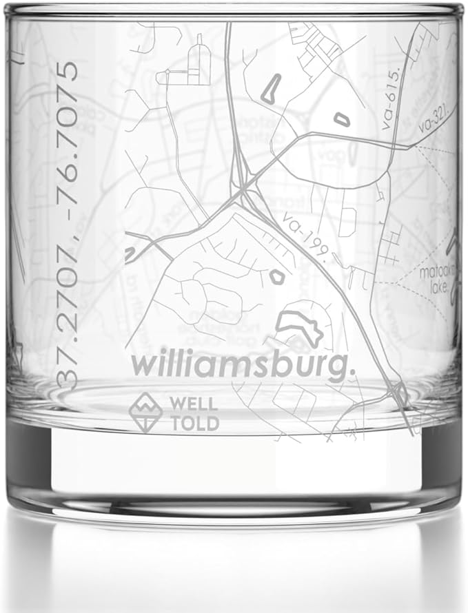 Well Told Engraved Williamsburg Virginia Map Rocks Glass, Old Fashioned Glassware (11 oz, Clear) Etched Bourbon Tumbler, Gifts For Whiskey Lovers