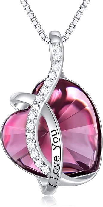 AOBOCO I Love You Sterling Silver 12 Birthstone Heart Pendant Necklace Embellished with Crystals from Austria, Mother's Day Anniversary Birthday Jewelry Christmas Gifts for Women Grandma Nana