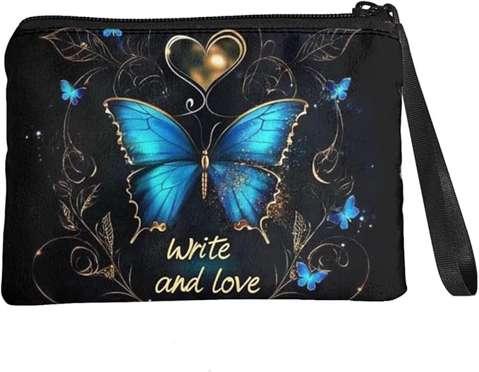 Dolyues Vintage Girls Coin Purse Wallets for Women, Blue Butterfly Print Handbags with Wrist Strap Zip Around, Small Wallet for Wife Birthday, Polyester Change Purse Pouch Bag