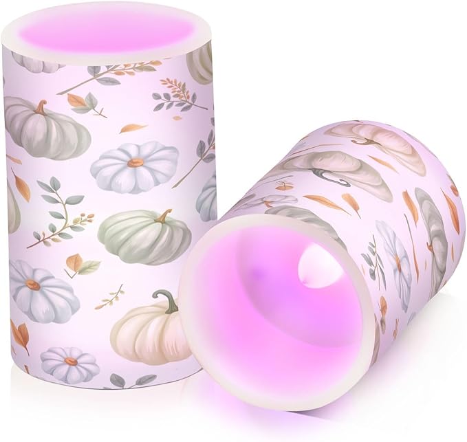 Green Pumpkin Autumn Fall Flickering Flameless Candles Battery Operated with Remote Timer,Tea Light Candles LED Pillar Votive Candles Set of 2 for Outdoor Indoor Decorations