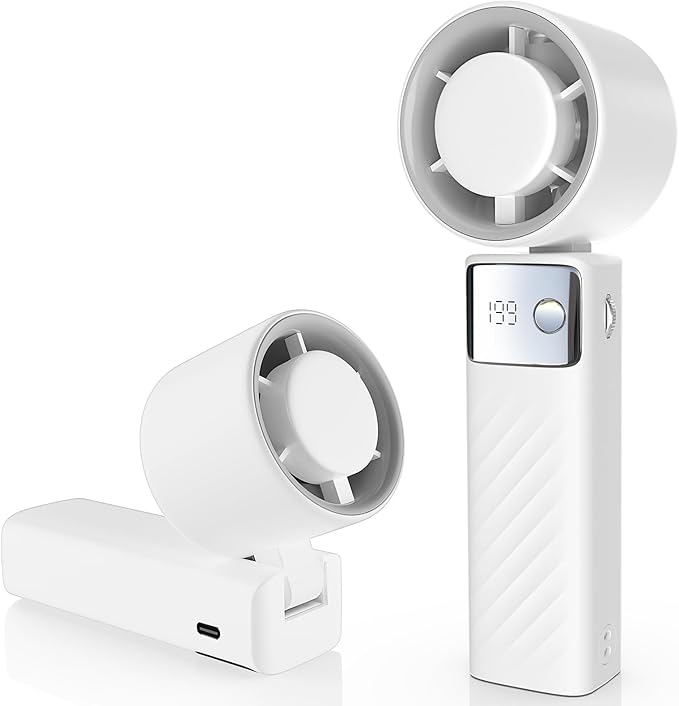 Portable Handheld Turbo Fan - Foldable Mini Fan with Air Turbo Tech, 1-199 Speed Adjustment, 20H Runtime, LED Display, Battery-Powered for Indoor/Outdoor Use Light White