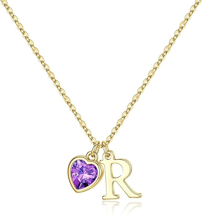 Turandoss Valentines Day Gifts for Her Trendy, Dainty 14K Gold Plated Initial A-Z Heart Birthstone Pendant Necklace Personalized Bridesmaid Birthday Valentines Jewelry Gifts for Women Girls