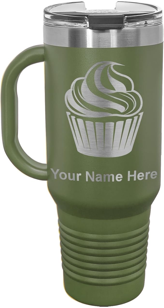 LaserGram 40oz Vacuum Insulated Travel Mug with Handle, Cup Cake, Personalized Engraving Included (Camo Green)