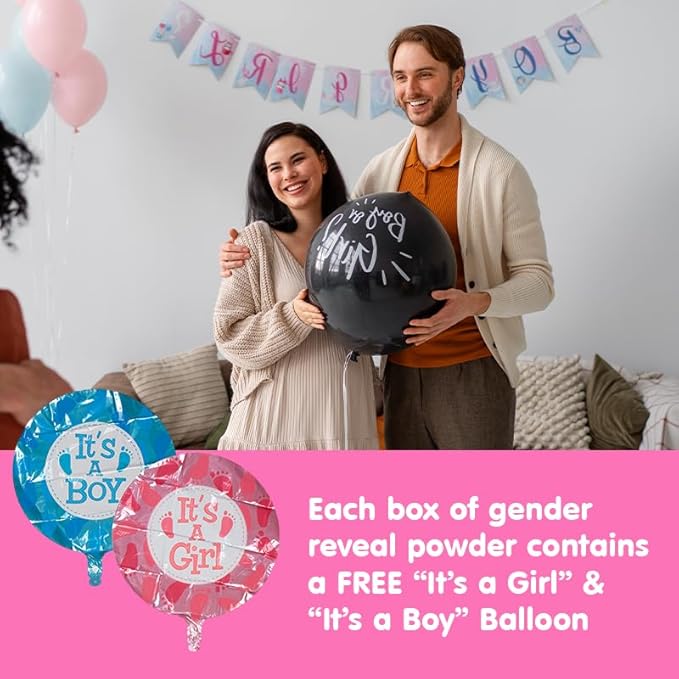 Clover Products Premium Gender Reveal Powder Cannon – 4 Pack Includes 2 Pink & 2 Blue | 12 Inch Gender Reveal Poppers | Compressed Air Powered | Each Box Contains a FREE “It’s a Girl & Boy“ Balloon..