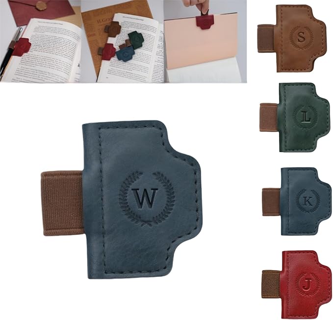 Personalized Magnetic Bygone Mark Bookmark with Pen Holder, 26 Letters Name Initial Custom Leather Book Mark for Women, Gifts for Book Lovers and Readers (Blue,W)