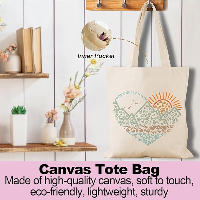 jeilink Cute Mountain Adventure Sunshine Canvas Tote Bag Camping Gifts Weekender Grocery Bags for Women Girls