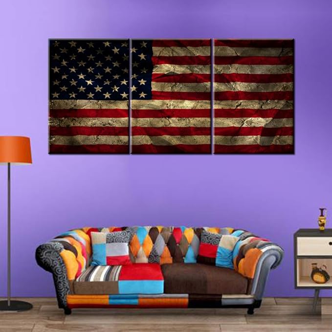 Native American Wall Art Folds Creases Retro Paintings 3 Piece Canvas Grunge Pictures for Living Room Patriotism Artwork Modern Home Decor Wooden Framed Ready to Hang Posters and Prints(42''Wx20''H)