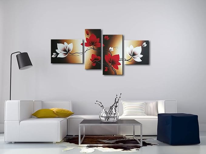 Wieco Art Full Bloom in Spring Red Flowers 100% Hand-painted 4 panels Flower Oil Paintings on Canvas Wall Art for Wall Decor Oil Painting on Canvas