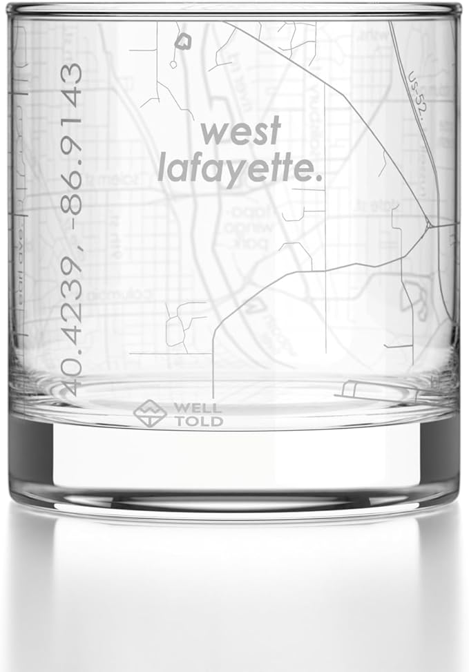 Well Told Engraved West Lafayette Indiana Map Rocks Glass, Old Fashioned Glassware (11 oz, Clear) Etched Bourbon Tumbler, Gifts For Whiskey Lovers