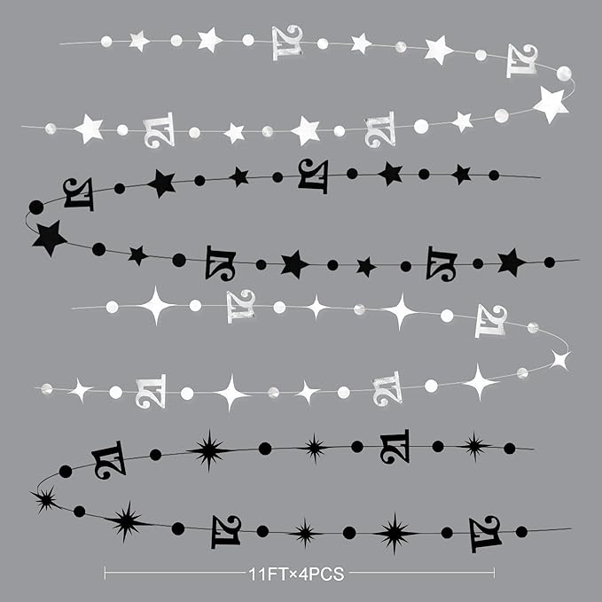 Silver Black 21st Birthday Decorations Number 21 Circle Dot Twinkle Star Garland Metallic Streamer Banner Backdrop for Girls Boys Cheers to 21 Years Finally Legal Bday 21st Anniversary Party Decor