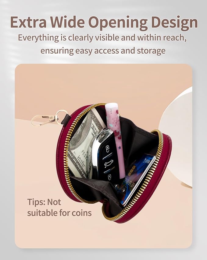 Women’s Small Coin Purse, Vintage Zipper Change Purse, Pocket-Sized, Solid Color, Round Coin Bag with Keychain - Black