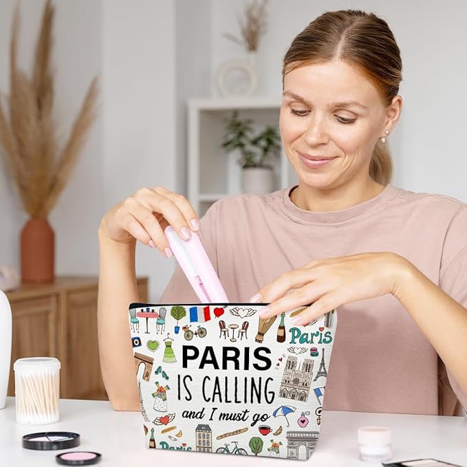 Funny Paris Travel Makeup Bag, City Themed Trip Gifts Favors, Trip Lover Gifts For Women Her, Travel Cosmetic Bag For Holiday Vacation, Paris Is Calling And I Must Go