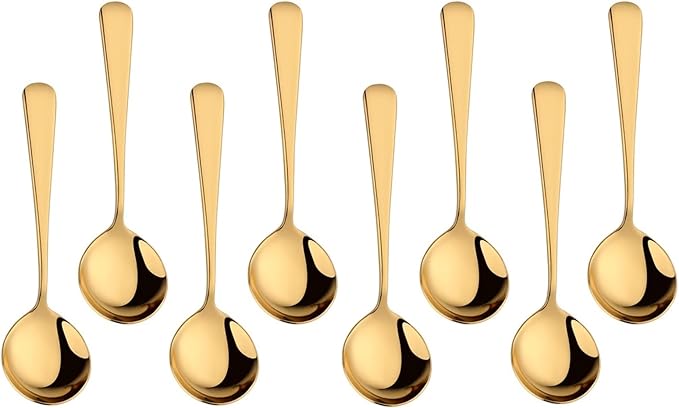 Buyer Star 8 Pieces Stainless Steel Round Soup Spoon, 6.3 Inch Mirror Polished Spoon Cutlery, Dishwasher Safe (Gold)