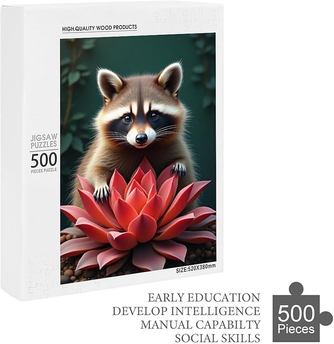 Puzzles for Adults 500 Pieces Wooden Jigsaw Puzzle - Succulent & Cute Raccoon Theme Puzzle，Party Games，Family Toys，Educational Puzzles，Stress Relief Wooden Puzzle，Gifts for Family and Friends