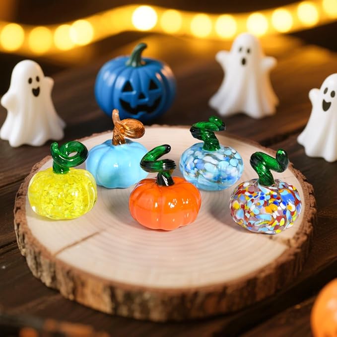 5pcs Small Blown Glass Pumpkin Figurine Collectible Halloween Thanksgiving Glass Pumpkin Paperweight Fall Harvest Decorations for Home(Colorful)