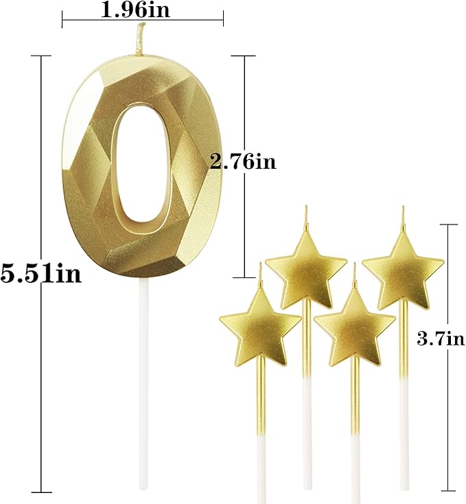 Golden Number 0 & Star Birthday Candles - 2.76 inch 3D Diamond Shaped Candles for Birthday Parties & Anniversary Cake Decorations