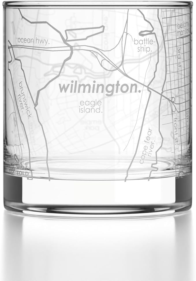 Well Told Engraved Wilmington North Carolina Map Rocks Glass, Old Fashioned Glassware (11 oz, Clear) Etched Bourbon Tumbler, Gifts For Whiskey Lovers