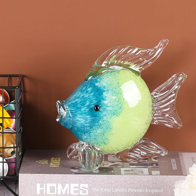 QIANLING Glass Fish Figurines - Coastal Home Decor, Modern Ocean Centerpieces for Living Room, Dining Area, Bathroom, Office, Coffee Table, Beach House, Nautical, Seaside, Entrance, Shelf Display