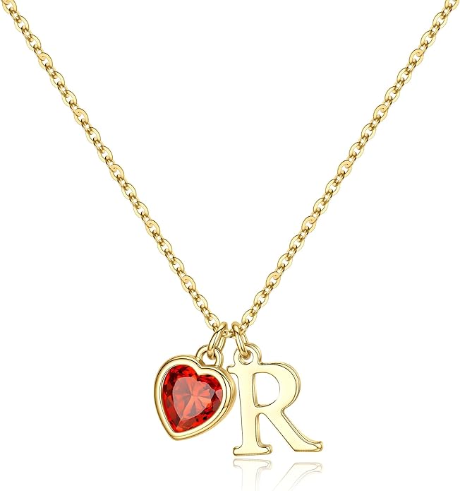 Turandoss Valentines Day Gifts for Her Trendy, Dainty 14K Gold Plated Initial A-Z Heart Birthstone Pendant Necklace Personalized Bridesmaid Birthday Valentines Jewelry Gifts for Women Girls