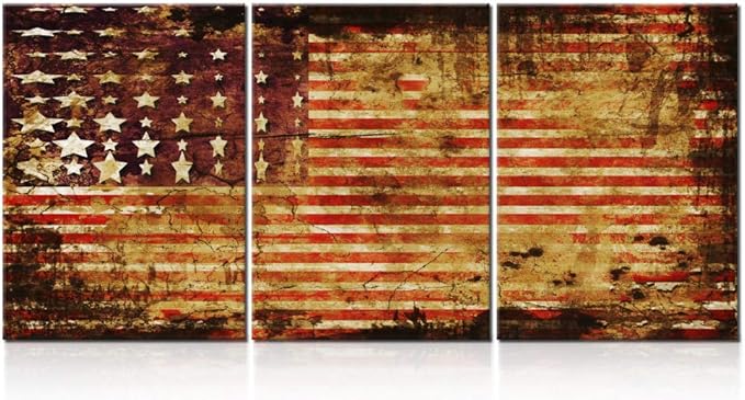 3 Panel Canvas Wall Art Stars Stripes Prints Paintings for Living Room America Flags Grunge Artwork Giclee Patriotism Modern Pictures Home Decoration Framed Gallery-Wrapped Ready to Hang(48''Wx24''H)