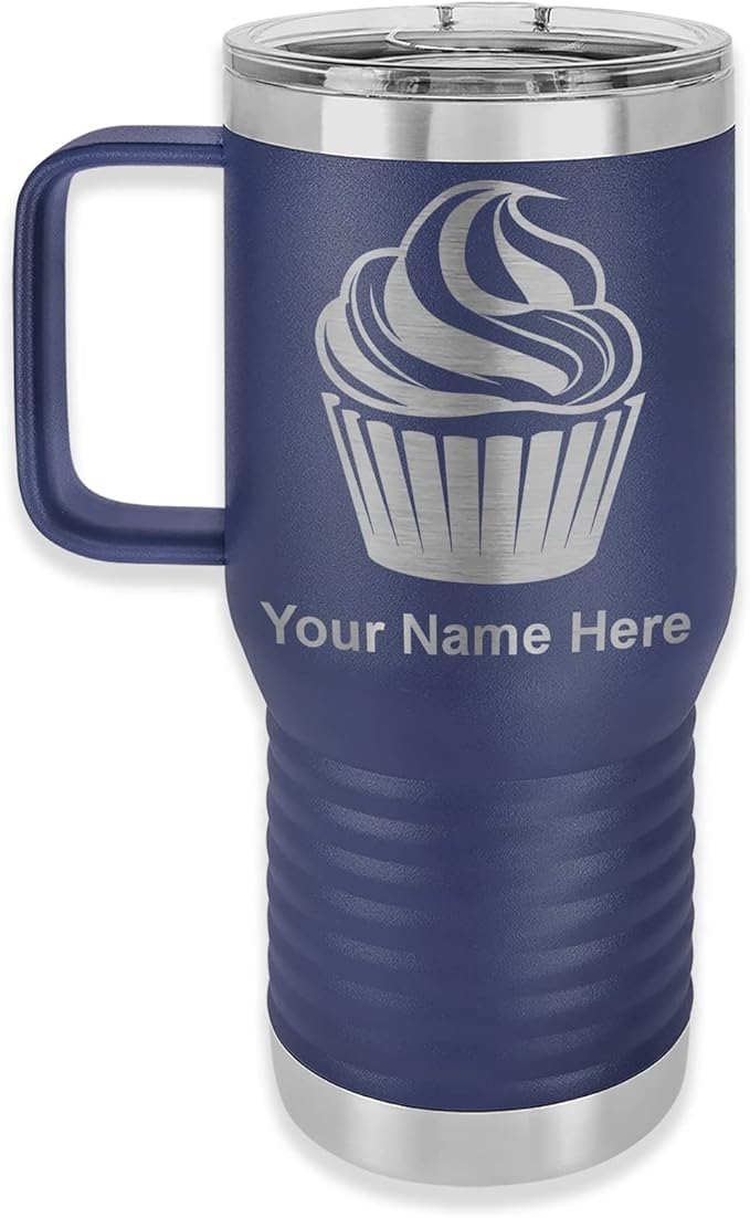 LaserGram 20oz Vacuum Insulated Travel Mug with Handle, Cup Cake, Personalized Engraving Included (Navy Blue)