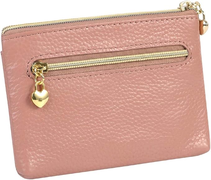 Women's Genuine Leather Coin Purse Zipper Pocket Size Pouch Change Wallet, Dark Pink