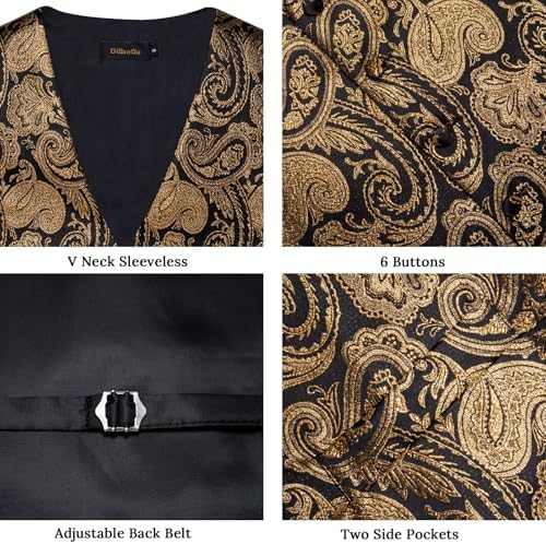 DiBanGu Mens Vest and Tie Set Formal Paisley Waistcoat and Necktie Pocket Square Cufflinks Silk Suit Vest for Tuxedo Wedding - Image 4