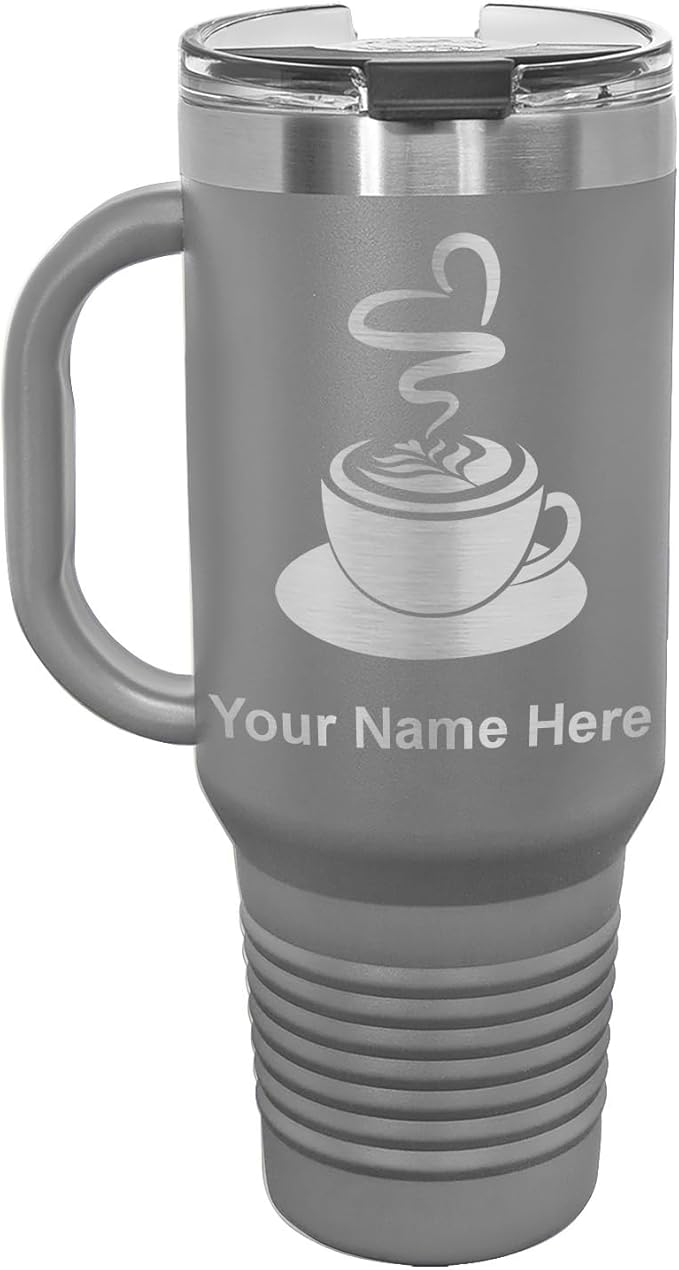 LaserGram 40oz Vacuum Insulated Travel Mug with Handle, Cup of Coffee, Personalized Engraving Included (Gray)
