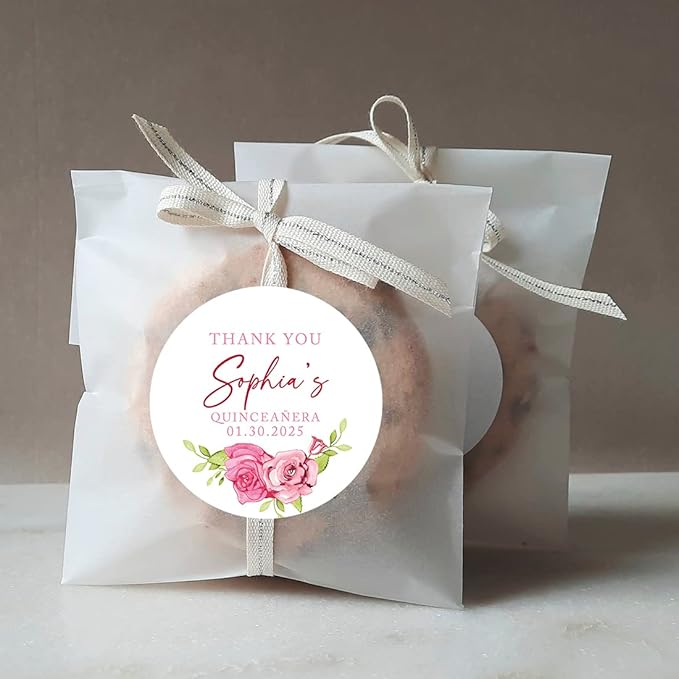Andaz Press 40-Pack Personalized 2" Round Circle Quinceañera Labels, Pink Roses Custom Thank You Sticker Labels for Mis Quince Favors, Invitations, XV, 15th Birthday Quinceanera Decorations