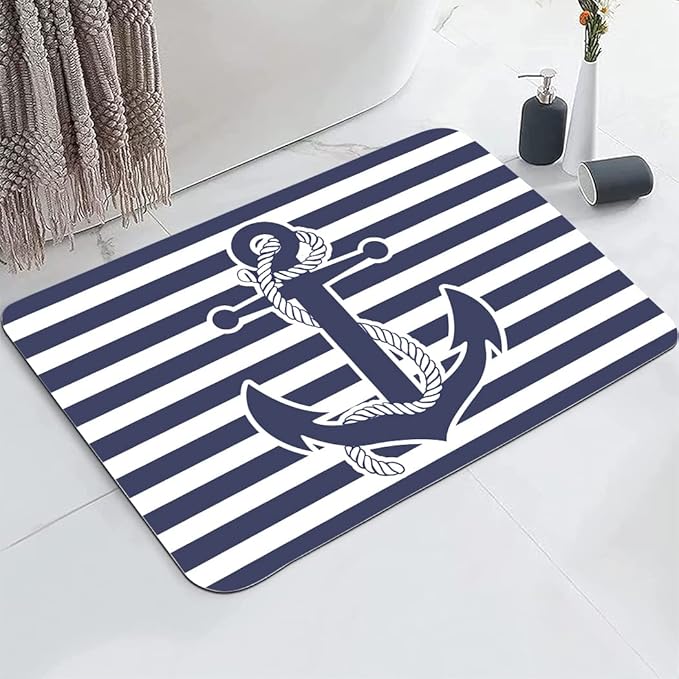 Nautical Anchor Bathroom Mat, Non-Slip Super Absorption Bath Carpet with Rubber Backing, Fit Under Bathroom Doormat Floor Rugs for Shower Buthtub Sink, 17"x24"