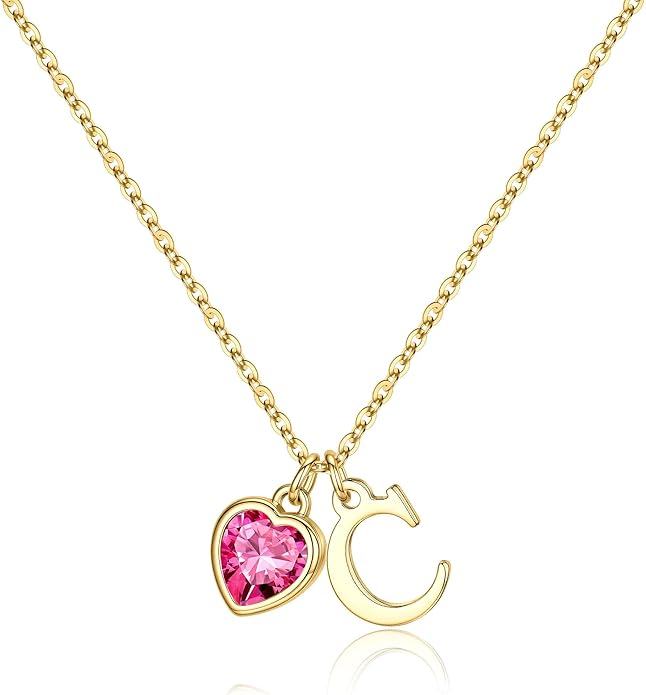 Turandoss Valentines Day Gifts for Her Trendy, Dainty 14K Gold Plated Initial A-Z Heart Birthstone Pendant Necklace Personalized Bridesmaid Birthday Valentines Jewelry Gifts for Women Girls