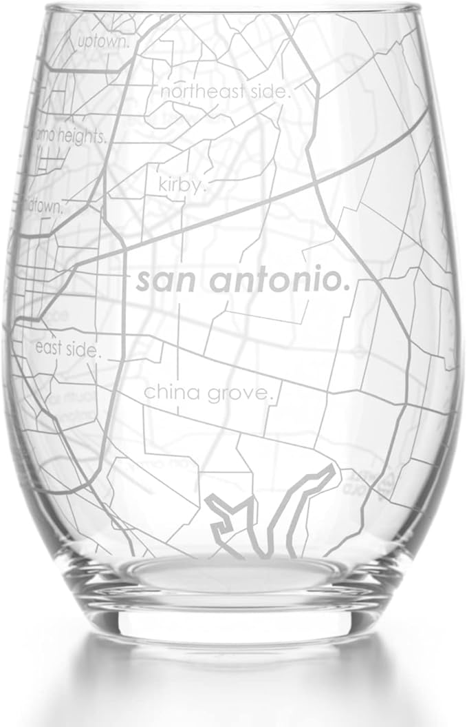 Well Told Engraved San Antonio Texas Glass, Etched City Map Stemless Wine Glass (15 oz, Clear) - Custom Gift for Wine Lovers