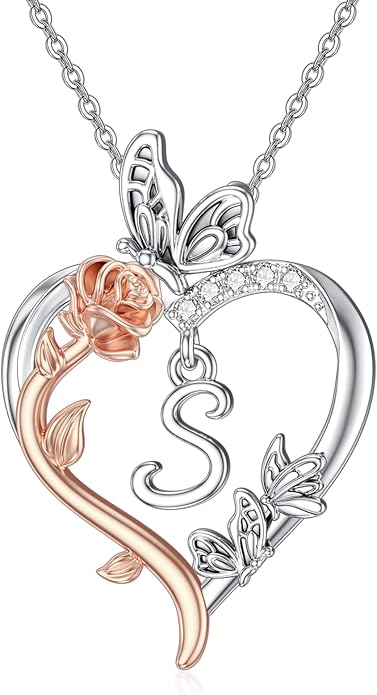 TOUPOP Rose Heart Necklaces Gifts for Women 925 Sterling Silver Butterfly Heart Initial Necklace Anniversary Valentines Day Birthday Jewelry Gifts for Mom Her Wife Girlfriend Daughter