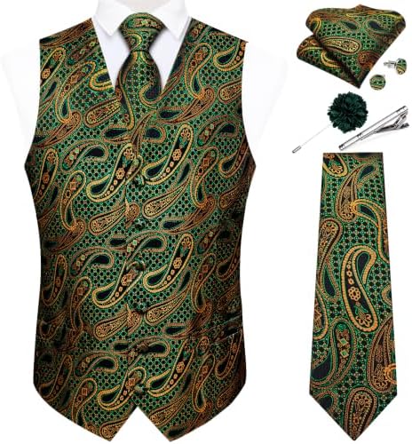 DiBanGu Mens Vest and Tie Set Formal Paisley Waistcoat and Necktie Pocket Square Cufflinks Silk Suit Vest for Tuxedo Wedding by DiBanGu
