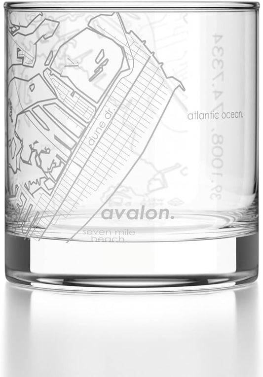 Well Told Engraved Avalon New Jersey Map Rocks Glass, Old Fashioned Glassware (11 oz, Clear) Etched Bourbon Tumbler, Gifts For Whiskey Lovers