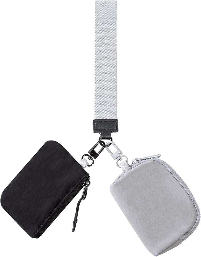 Dual Pouch Wristlet Keychain Wallets for Women with 2 Detachable Zipper Coin Purse - Small and Portable Mini Card Wallet for Women Men Black+Grey